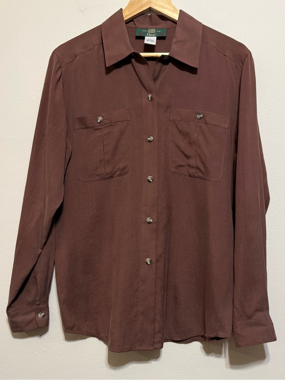 Orvis Women Silk Brown S Button Down Collar Shirt EUC